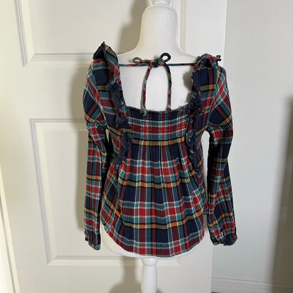 EUC Free People Multicolor Plaid Ruffle Blouse Small - Picture 8 of 12